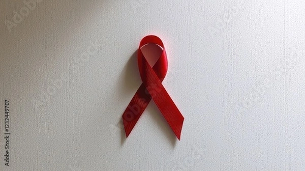 Obraz A vibrant red ribbon symbolizing awareness and support for health causes, displayed on a plain wall