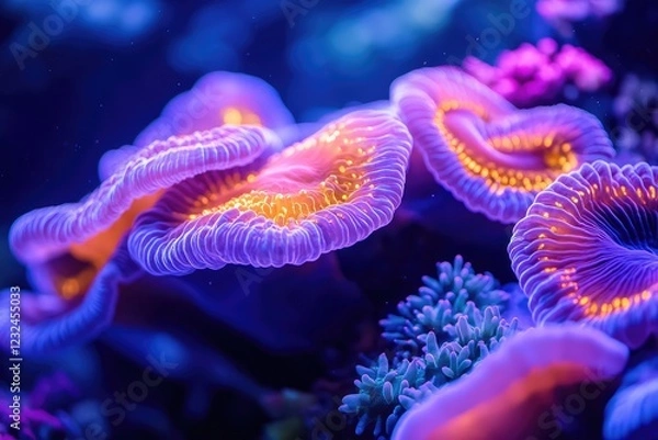 Fototapeta Underwater coral reef with vibrant abstract designs, where the corals glow in neon 