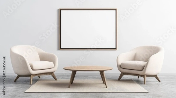 Obraz Minimalist Living Room with Cozy Chairs and Empty Frame Display