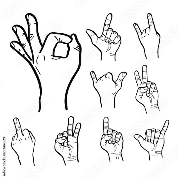 Obraz illustration of hands forming various gestures, set of hand gestures indicating something. vector