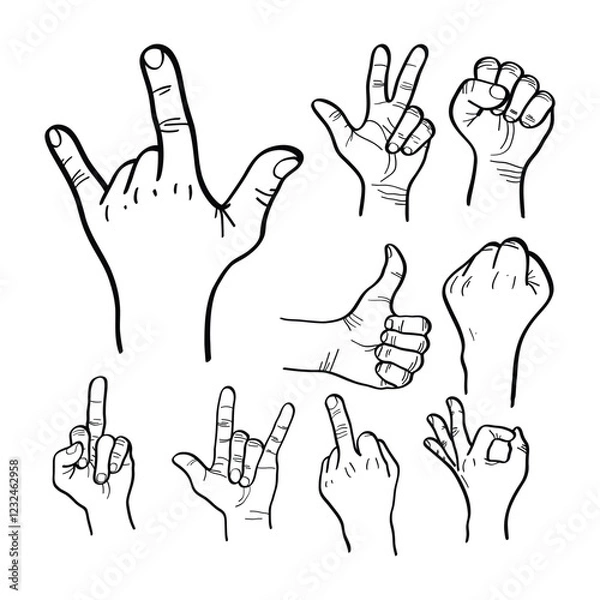 Obraz illustration of hands forming various gestures, set of hand gestures indicating something. vector