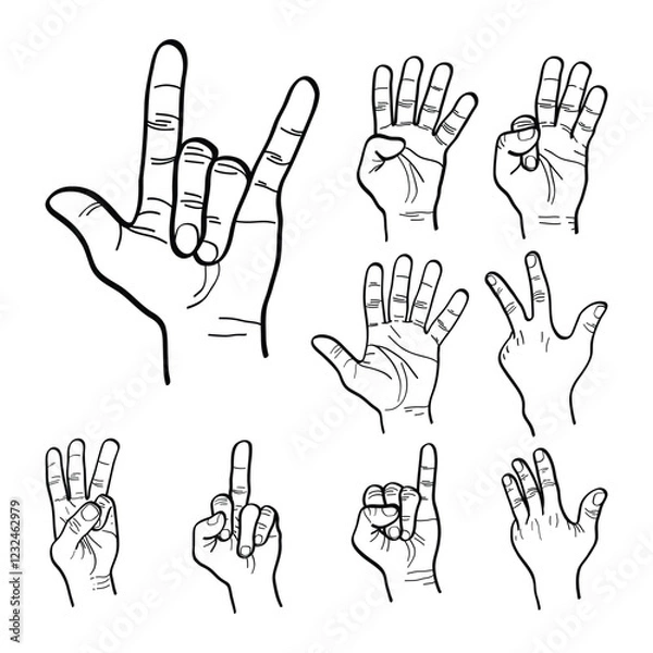 Obraz illustration of hands forming various gestures, set of hand gestures indicating something. vector