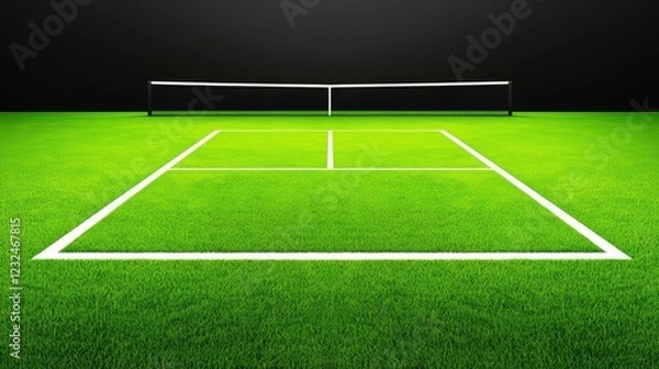 Obraz Empty Tennis Court with Bright Green Grass and Dark Background