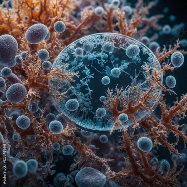 Fototapeta A close-up of a petri dish growing bacteria under a microscope.