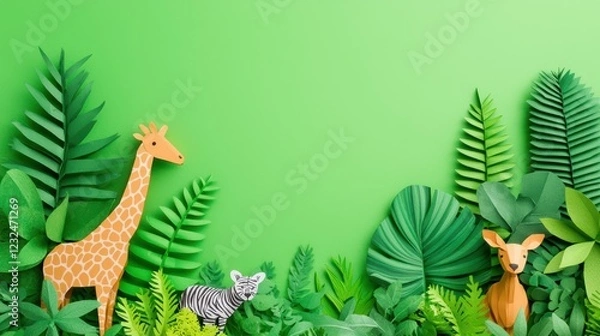 Obraz Colorful Paper Art Jungle Scene with Giraffe, Zebra, and Deer