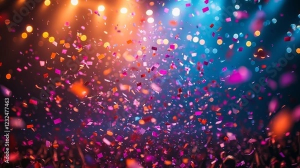 Fototapeta A minimalist slow-motion film of multicolored confetti cascading over a stadium teeming with spectators