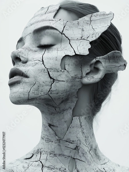 Fototapeta woman's profile, where her face made from fragmented, cracked layers of sheet music.
