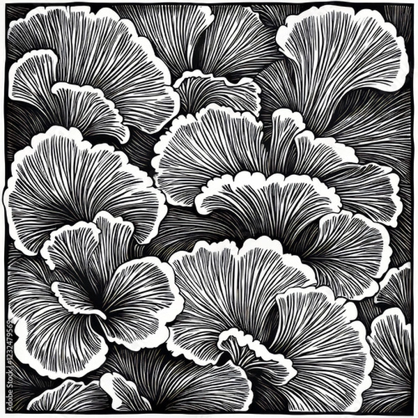 Fototapeta Mesopotamian, block print, illustration, lions mane mushroom pattern, black and white