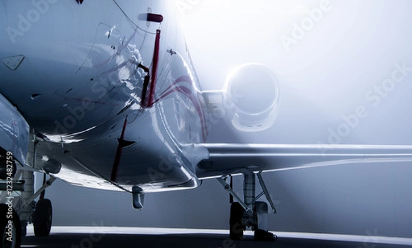 Fototapeta Close up of a business jet parked at an airport during a foggy night. Private jets are used for luxurious and fast travel. 