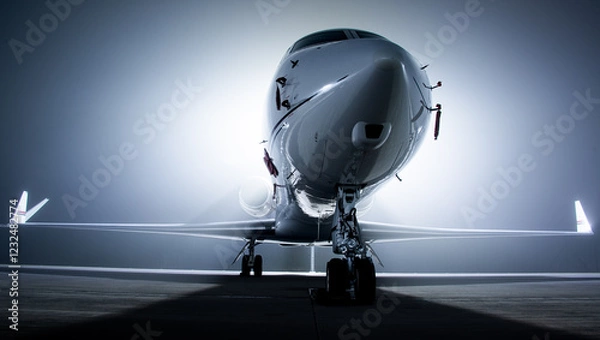 Fototapeta Close up of a business jet parked at an airport during a foggy night. Private jets are used for luxurious and fast travel. 