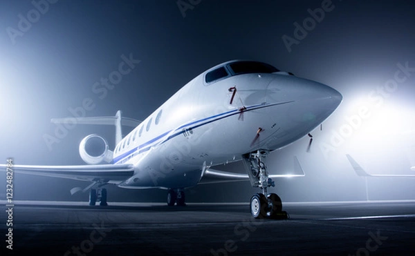 Fototapeta Close up of a business jet parked at an airport during a foggy night. Private jets are used for luxurious and fast travel. 