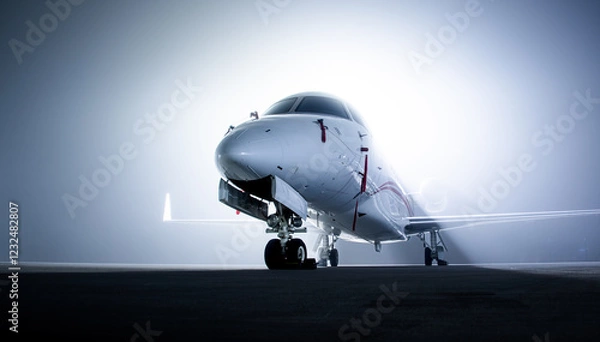 Fototapeta Close up of a business jet parked at an airport during a foggy night. Private jets are used for luxurious and fast travel. 