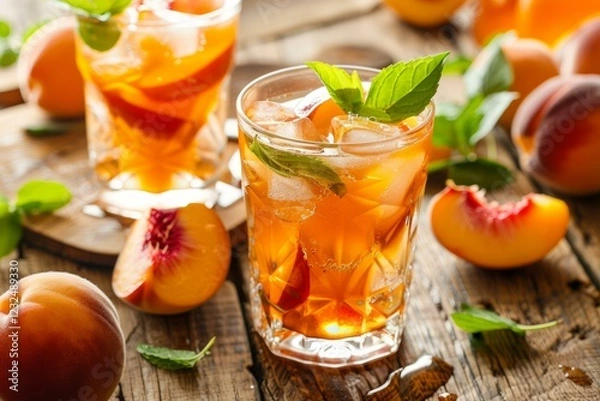 Fototapeta Refreshing peach iced tea with fresh mint and ice cubes on rustic wooden table
