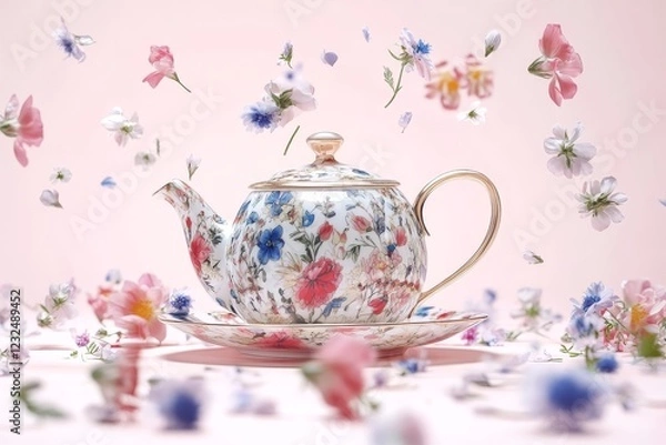 Fototapeta Teapot and Flowers Falling on Pink, Fresh Spring Blooms in Teacup, Graceful Flat Lay Composition for Ad or Packaging