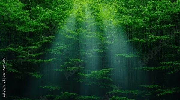Obraz Sunlight Filtering Through Lush Green Forest Canopy and Trees