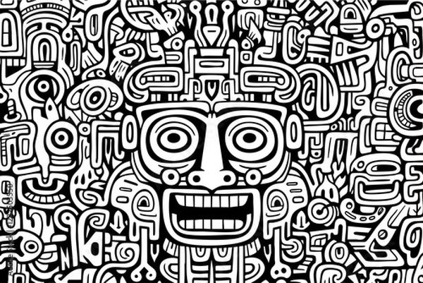 Obraz Happy Aztec doodle face mask background