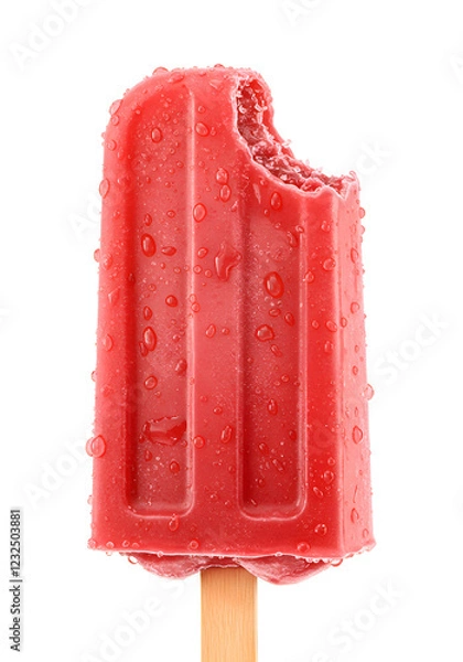 Fototapeta A red fruit-flavored Popsicle ice cream with a fresh bite mark on one side, revealing its slightly softer, frosty interior