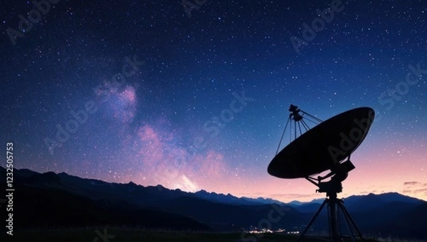 Fototapeta A starry galaxy appears to be visible from behind the satellite dish, symbolizing exploration and science.  