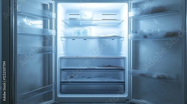 Fototapeta An empty refrigerator with expired food and spills on the shelves, ready for a deep clean and restocking.