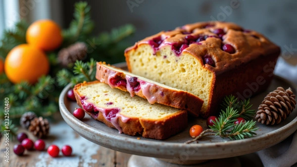 Fototapeta Delicious-looking cranberry cake on a rustic wooden table.