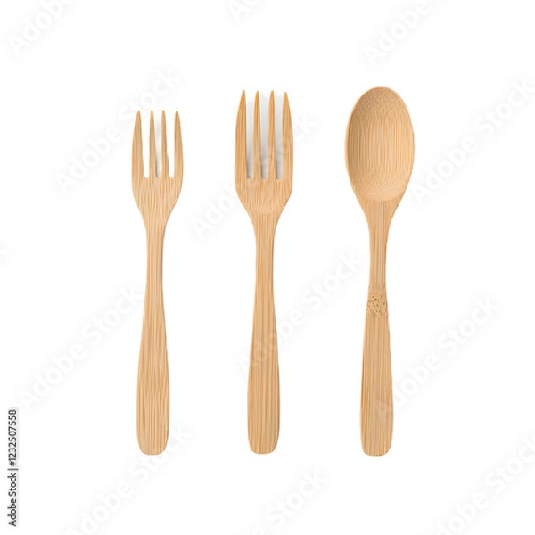 Fototapeta Eco-friendly bamboo cutlery set on a white background, highlighting a sustainable and stylish alternative to plastic, perfect for promoting an environmentally conscious lifestyle with natural material