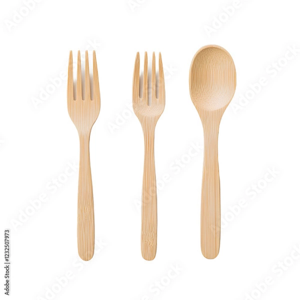 Fototapeta Eco-friendly bamboo cutlery set on a white background, highlighting a sustainable and stylish alternative to plastic, perfect for promoting an environmentally conscious lifestyle with natural material