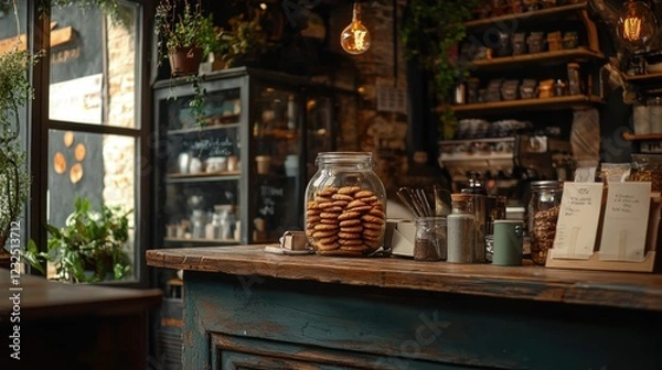 Fototapeta Cozy Bakery Interior with Fresh Baked Cookies in Glass Jar