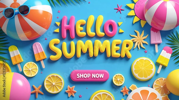 Fototapeta Summer season banner. Hello summer 3d typography with tropical beach elements watermelon, detox, ice, ice cream,sunglasses and candy, blueberry. Summer 50% off
