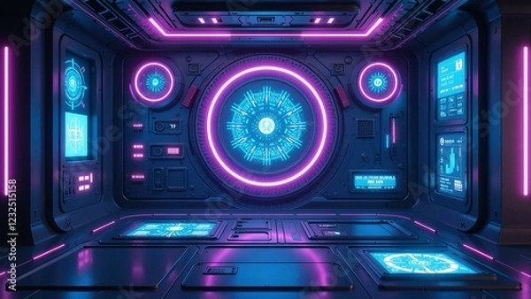 Obraz A futuristic interface with electric blue-purple hues, central symmetry, neon lights, holographic displays, intricate circuitry, and a dark atmosphere.