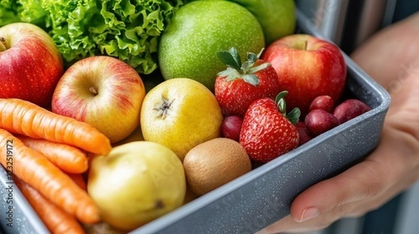 Fototapeta Overhead view of a diverse assortment of fresh colorful fruits and vegetables neatly arranged on a wooden kitchen table  The display showcases the abundance and variety of seasonal produce