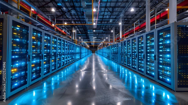 Fototapeta Large Data Center with Multiple Servers, Cryptocurrency Mining Farm, IT Technology and Financial Investment