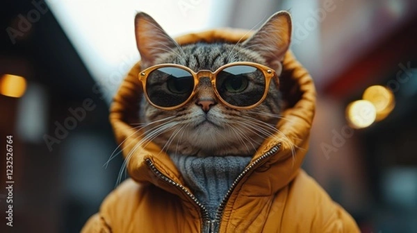 Fototapeta Stylish cat wearing sunglasses and a hooded jacket amidst a city backdrop on a cloudy day. Generative AI