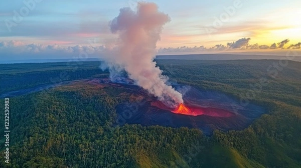 Fototapeta Aerial view of an active volcano with dramatic steam plumes and a vivid red lava pool