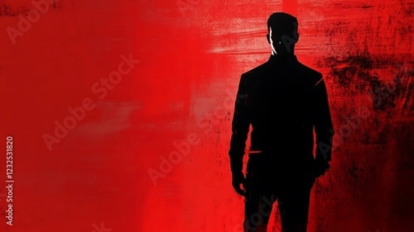 Fototapeta Silhouettes on a bold red background, emphasizing insider threat detection, highlighting a suspect f