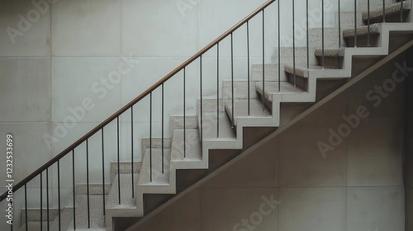 Fototapeta Ascending Steps: A minimalist image of a concrete staircase with a sleek wooden handrail, leading upward towards an unseen destination.