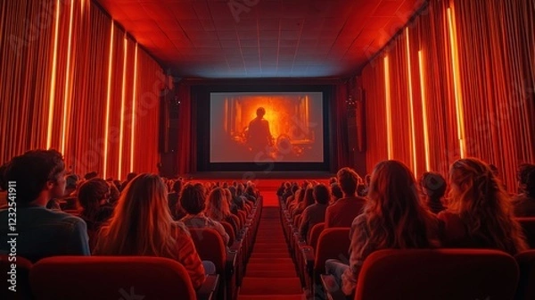 Fototapeta People enjoy a movie screening in a dimly lit theater with vibrant red lighting and a large screen showcasing a film. Generative AI