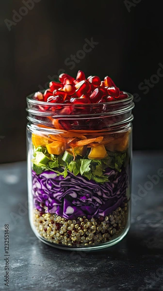Fototapeta Portion-sized salad in a clear jar: alternating layers of red cabbage, quinoa, pomegranate seeds, and fermented garlic. A nostalgic presentation in a retro style