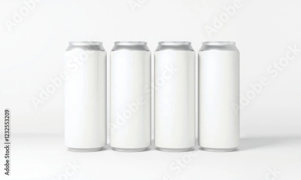 Fototapeta Four blank beverage cans in row on white background, ideal for branding or mockup designs