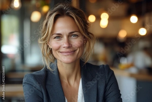 Fototapeta Confident woman smiles warmly while seated in a modern cafe during morning hours
