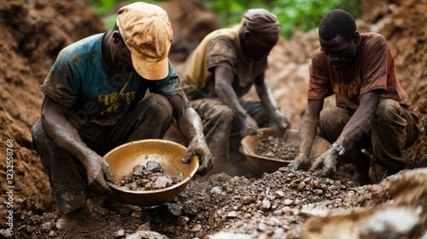 Fototapeta Artisanal Miners Sifting Through Soil for Rare Earth Minerals in Small Scale Manual