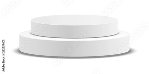 Obraz Empty white round podium, modern pedestal and platform, stand stage, cylinder, round empty stages and podium stairs 3d template for product presentation, awards