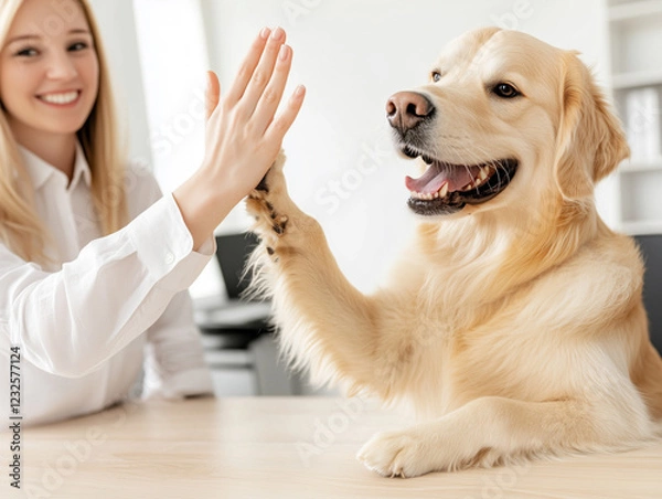 Obraz Playful woman giving high-five to dog while sitting at home office