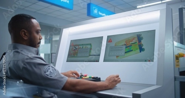 Fototapeta Airport Terminal: African American Security Officer Monitors Baggage Screening on Conveyor Belt on Computer Screens, Finds Suspicious Item in Suitcase. Modern X-ray Scanning at Security Checkpoint.