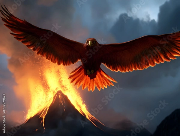 Fototapeta A massive bird with wings of fire, its feathers glowing bright red, soaring over an active volcano.


