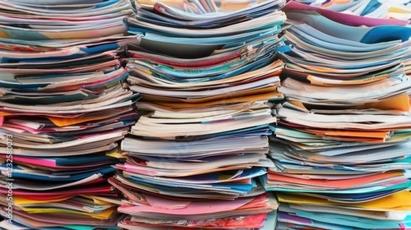 Fototapeta Colorful Stack of Paperwork and Magazines in a Disorganized Pile