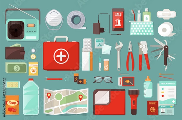 Fototapeta Emergency survival toolkit with medical items, accessories and supplies