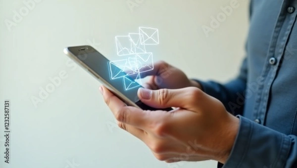 Obraz man's hand holding smartphone and check email online on the application web have envelope icons floating on the mobile screen. notification newsletter, received or sending email marketing concept