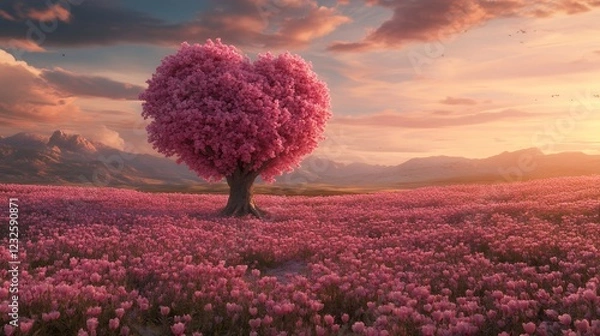 Obraz Heart Shaped Tree in Pink Flower Field at Sunset Romantic Landscape Photography