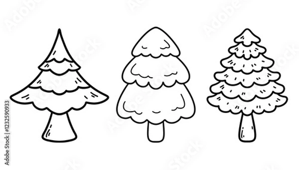 Obraz Set of hand drawn trees, line drawings of trees, fir trees, cortour illustrations, coloring pages, logo, tattoo, cards, nature, elements