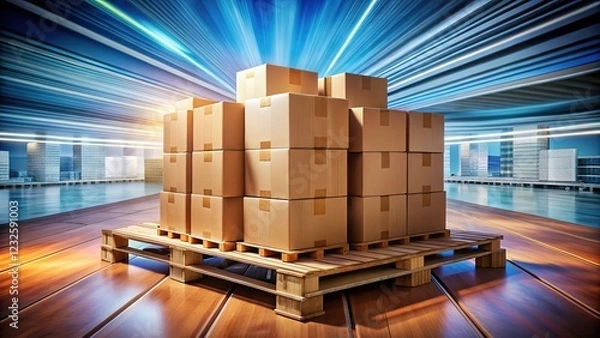 Fototapeta Hypnotic cardboard boxes, piled high on a pallet.  A surrealist view of shipping.